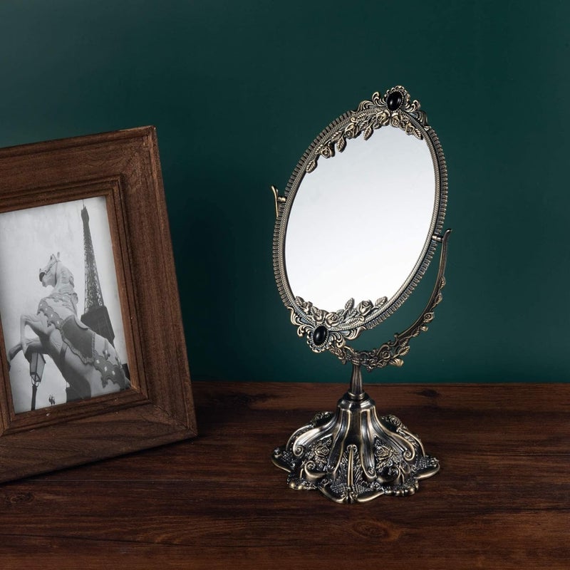 Feyarl Small Metal Vintage Makeup Mirror Floral Tabletop Oval Vanity Swivel Double Sided Mirror with Stand Elegant Decorative for Dressing Room Bedroom (Bronze) - Image 5